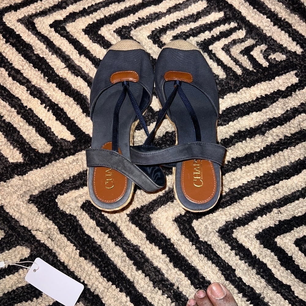 Chaps Clarissa Wedge Shoe Women's 8B Navy Blue Tan Denim Rope Platform Slingback - Picture 3 of 5